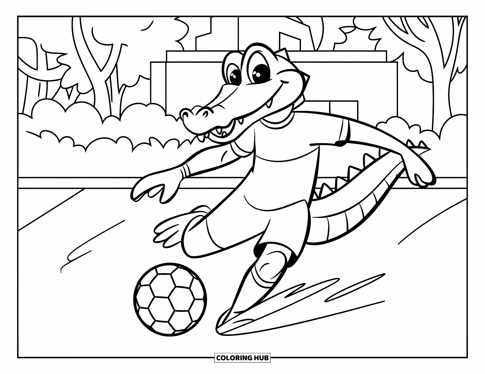 Desenho de Crocodilo para Colorir para Crianças: Um crocodilo jogador de futebol joga em um campo gramado perto de edifícios e árvores