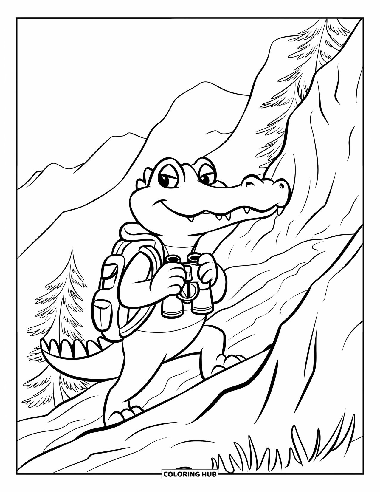 Desenho de Crocodilo para Colorir para Crianças: Um crocodilo pensativo caminha por uma trilha de montanha com binóculos e equipamentos