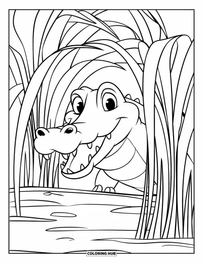 Coloriage Crocodile pour enfants : Un crocodile aux yeux écarquillés se cache de façon ludique derrière de hautes herbes ondulées près d’un lac tranquille