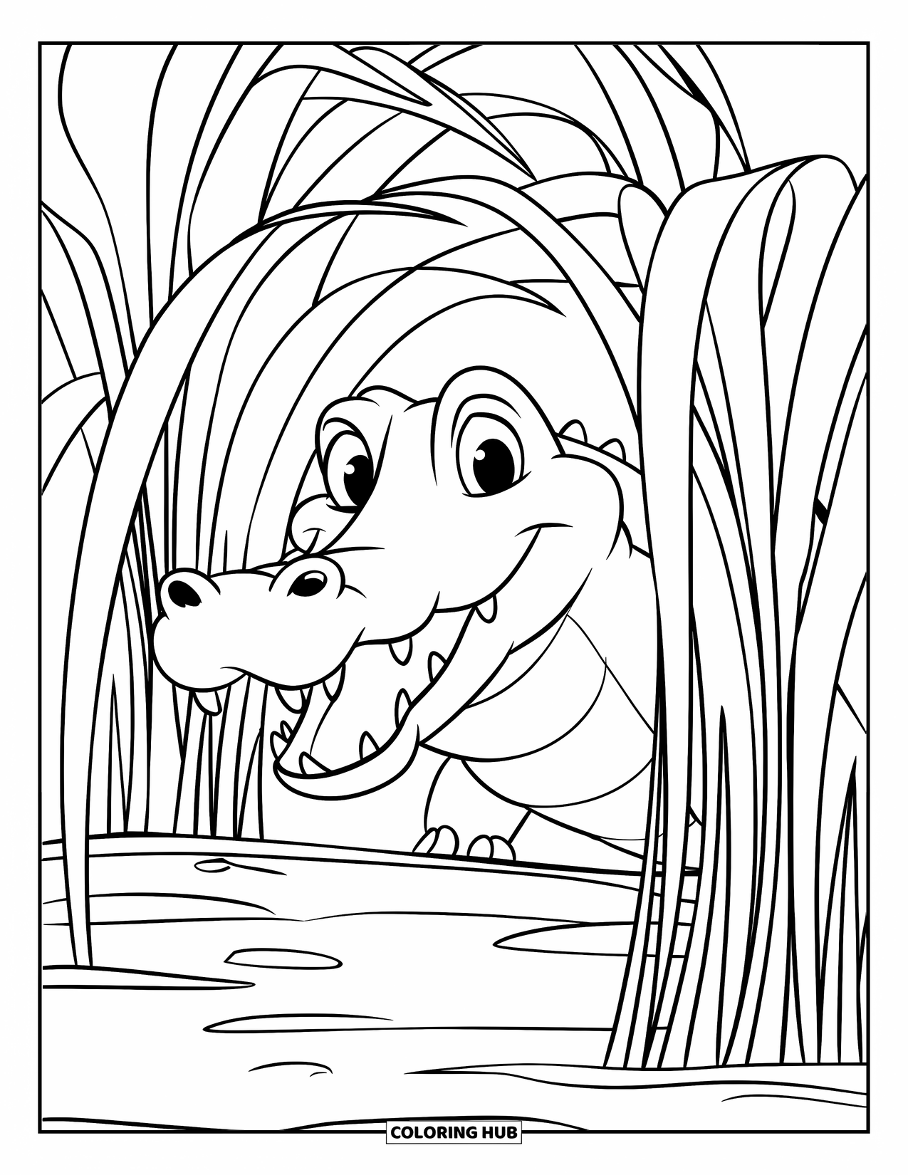 Desenho de Crocodilo para Colorir para Crianças: Um crocodilo de olhos arregalados se esconde brincando atrás de grama grossa e ondulada perto de um lago tranquilo