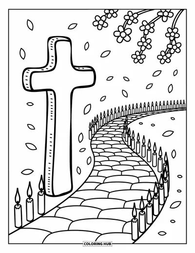 Dibujo de cruces para colorear para adultos: Una gran cruz en un sendero con velas parpadeantes y flores de cerezo flotando
