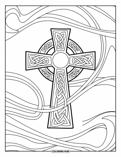Dibujo de cruces para colorear para adultos: Un diseño de nudo celta se enrosca alrededor de una cruz con círculos y líneas fluidas
