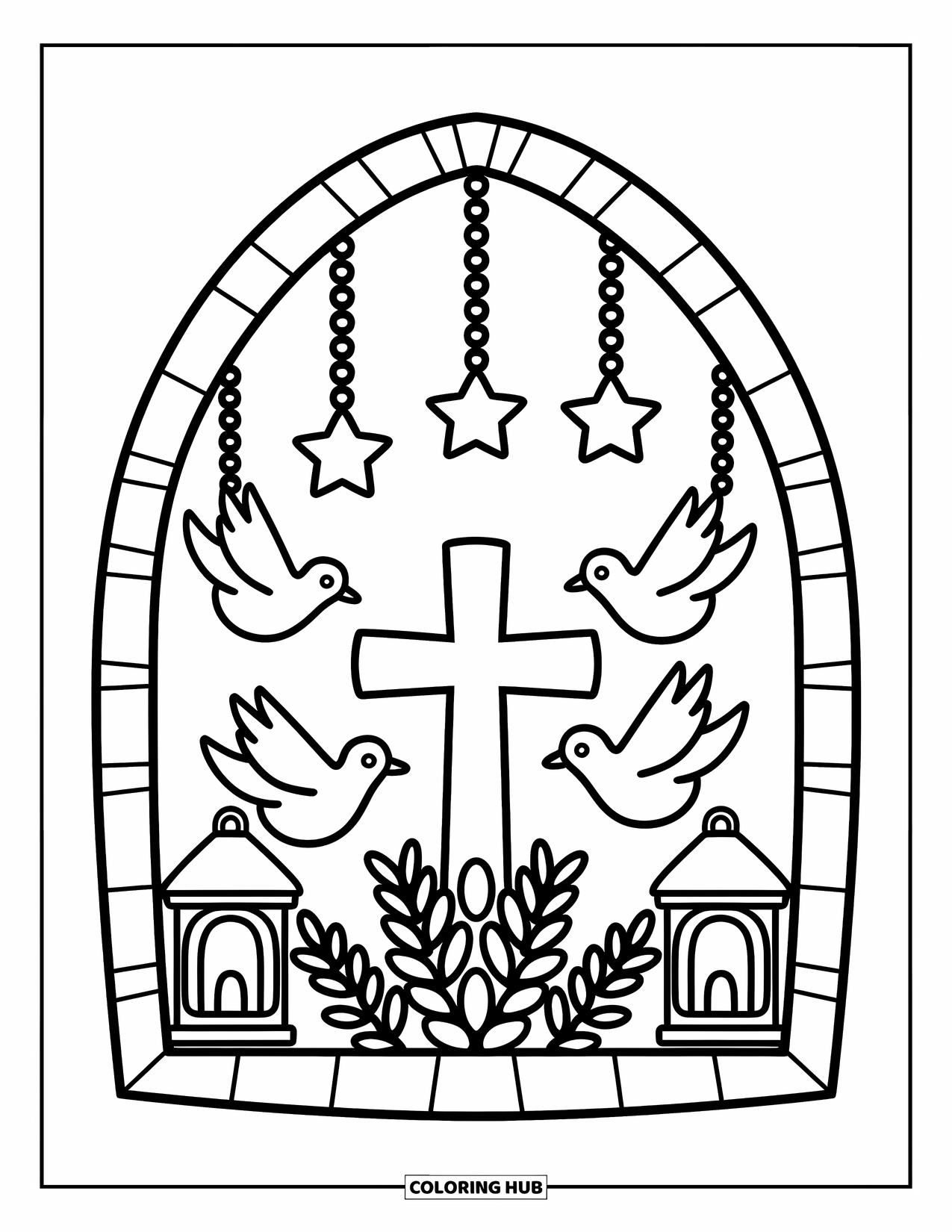 Cross Coloring Page for Adults: A chapel window holds a cross with glowing lanterns and doves flying around