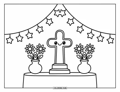 Dibujo de cruces para colorear para adultos: Una escena de altar acogedora con una cruz, flores y luces colgantes decorativas