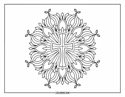 Dibujo de cruces para colorear para adultos: Una cruz centrada en un mandala de girasol con pétalos, enredaderas y hojas
