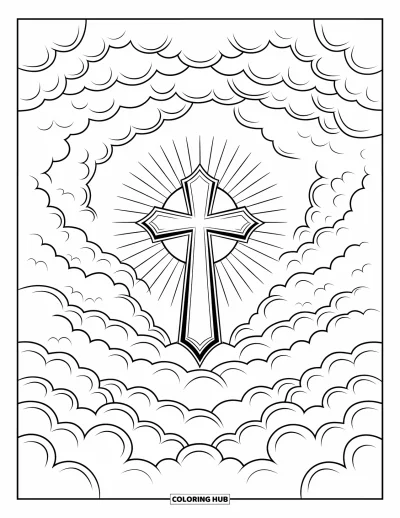 Dibujo de cruces para colorear para adultos: Una cruz flota en el cielo rodeada de rayos de sol y nubes en capas