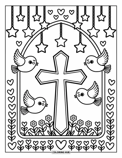 Dibujo de cruces para colorear para adultos: Una cruz enmarcada por una ventana con faroles, estrellas, flores y palomas delicadas