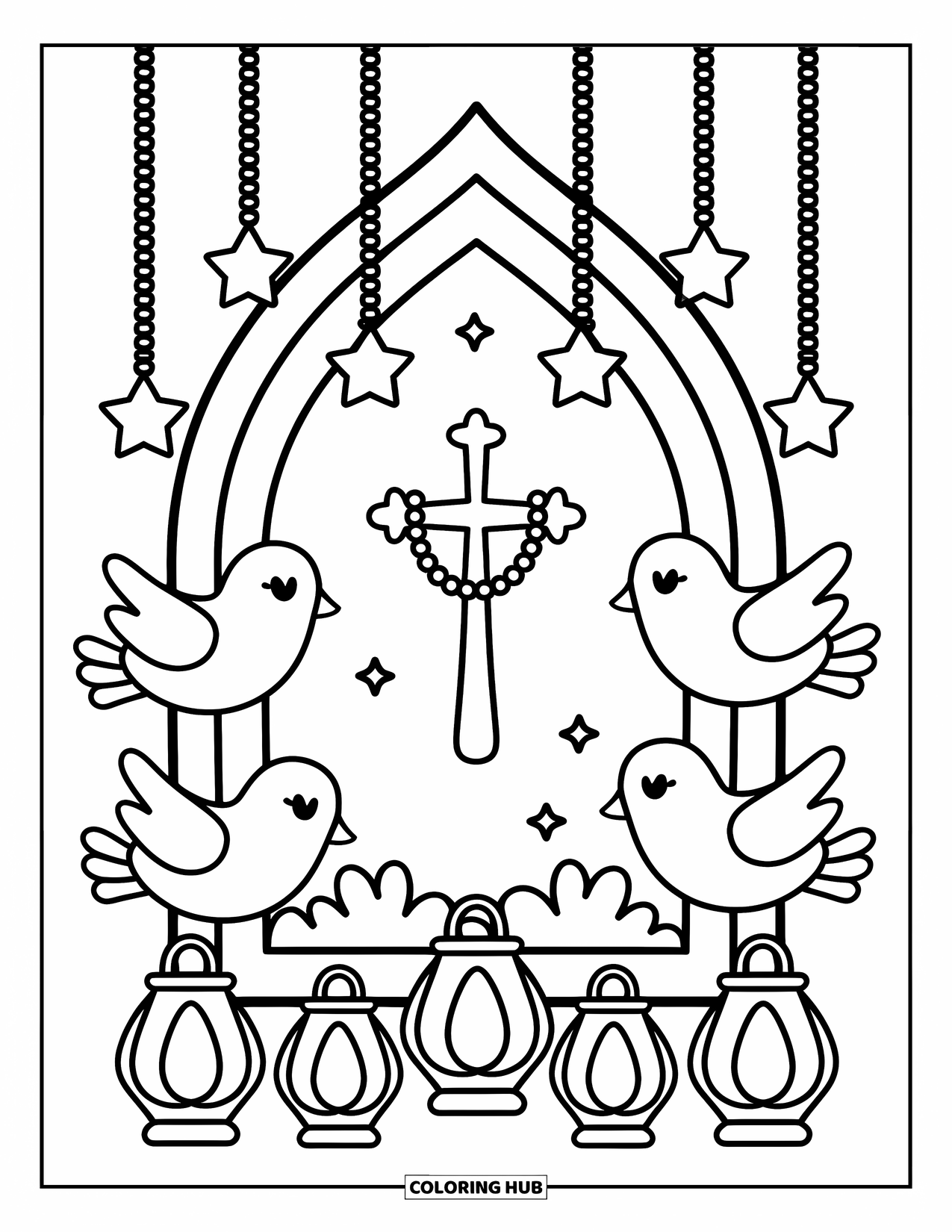 Cross Coloring Page for Adults: A cross in a chapel window with doves, stars, and hanging lanterns