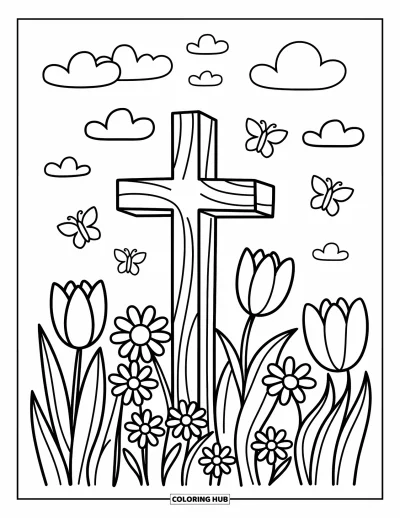 Dibujo de cruces para colorear para adultos: Una cruz en un campo de flores alegres, mariposas que revolotean y nubes a la deriva