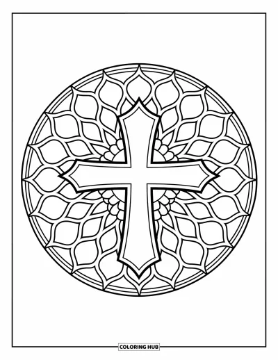 Dibujo de cruces para colorear para adultos: Una cruz centrada en un vitral circular de formas geométricas llamativas