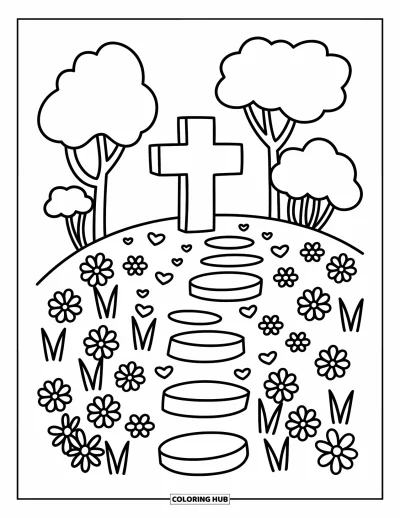 Dibujo de cruces para colorear para adultos: Una cruz en una colina con plantas en flor, piedras y árboles esponjosos
