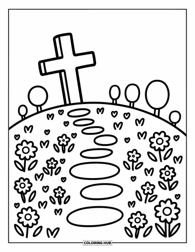 Dibujo de cruces para colorear para adultos: Una cruz en una colina con flores, un sendero y árboles alegres alrededor