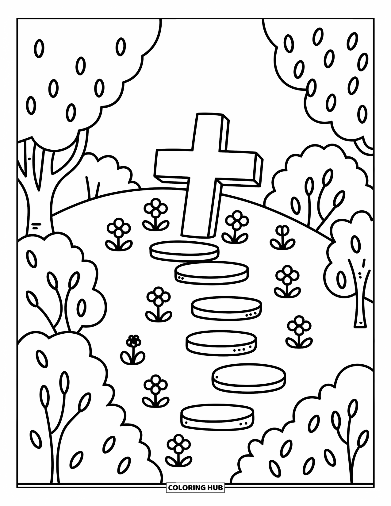 Cross Coloring Page for Adults: A cross on a hillside with plants, a path, and rounded trees and bushes