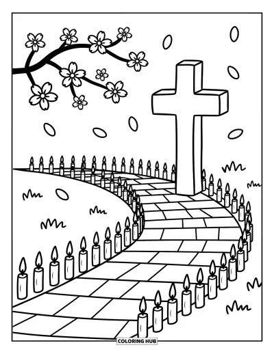 Dibujo de cruces para colorear para adultos: Una cruz en un sendero sinuoso con pequeñas velas y pétalos de cerezo que flotan