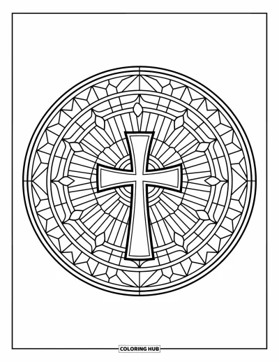 Dibujo de cruces para colorear para adultos: Una cruz dentro de una ventana redonda de vitral con bordes decorativos