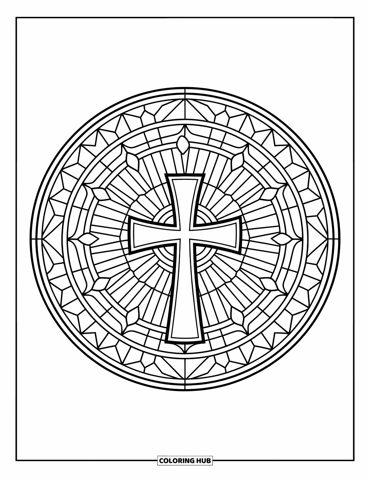 Cross Coloring Page for Adults: A cross rests inside a round stained glass window with decorative borders
