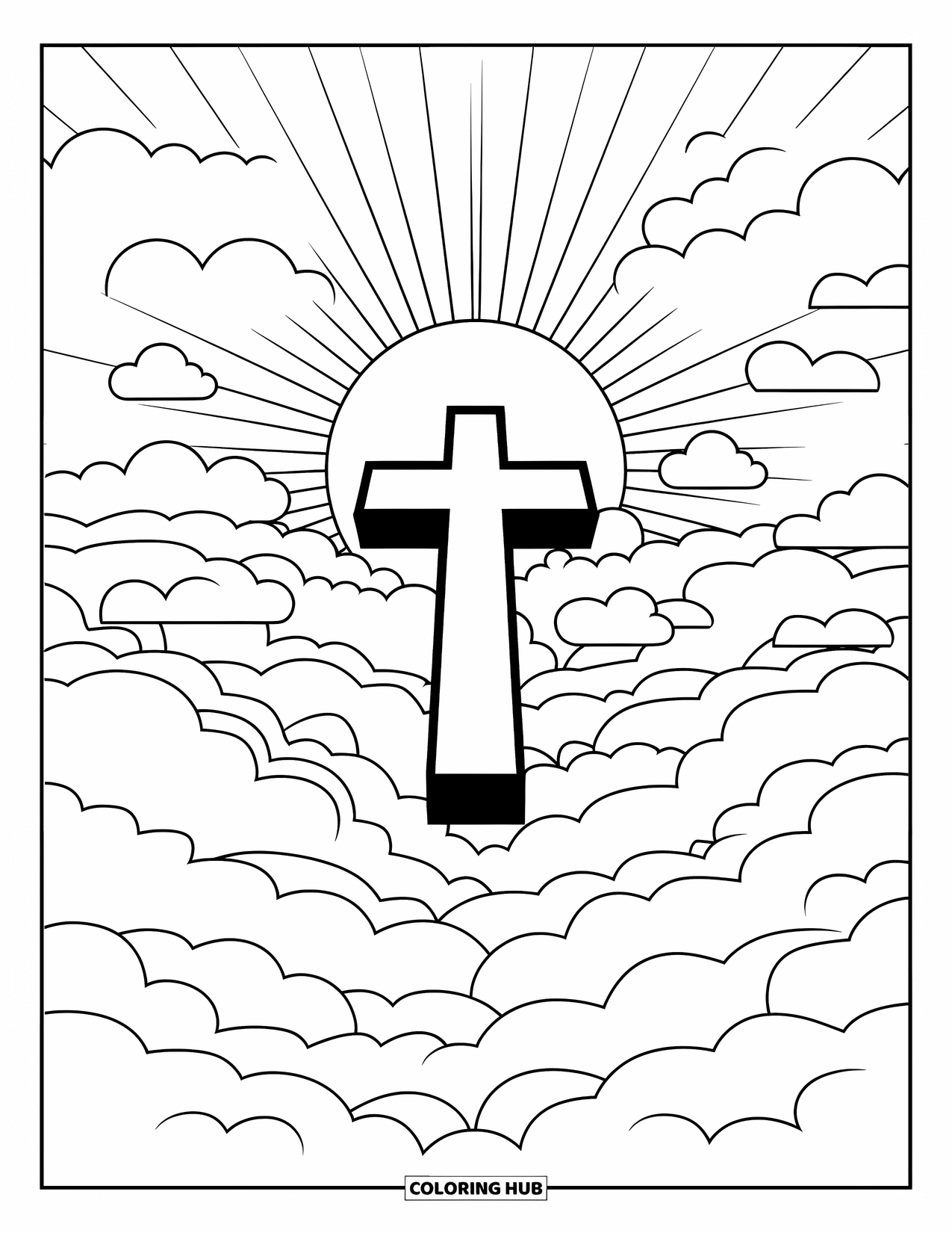Cross Coloring Page for Adults: A cross shines in the clouds with gentle sunburst rays all around