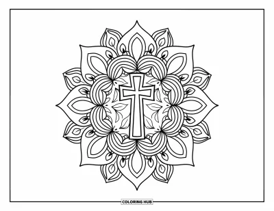 Dibujo de cruces para colorear para adultos: Una cruz en el centro de un mandala inspirado en girasoles con enredaderas y hojas