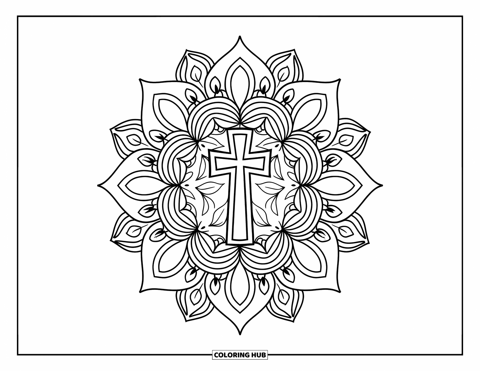 Cross Coloring Page for Adults: A cross sits in the middle of a sunflower-inspired mandala with vines and leaves