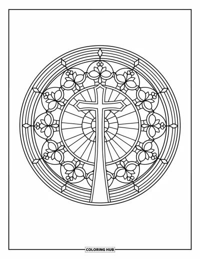 Dibujo de cruces para colorear para adultos: Una cruz en una ventana redonda de vitral llena de diseños florales y geométricos
