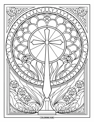 Dibujo de cruces para colorear para adultos: Una cruz en el centro de una elaborada ventana de vitral con detalles florales