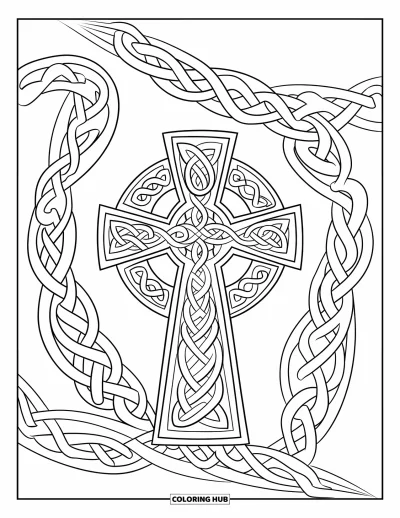 Dibujo de cruces para colorear para adultos: Una cruz con detallados nudos celtas entrelazados que resalta con fuerza