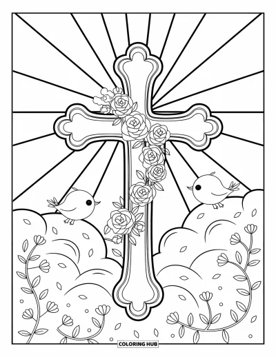 Dibujo de cruces para colorear para adultos: Una cruz con rosas y enredaderas, rodeada de pajarillos encantadores y suaves rayos de luz