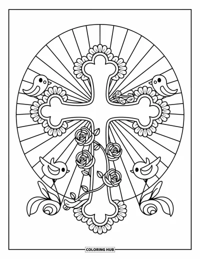 Dibujo de cruces para colorear para adultos: Una cruz envuelta en una guirnalda de rosas con pajarillos y suaves rayos luminosos