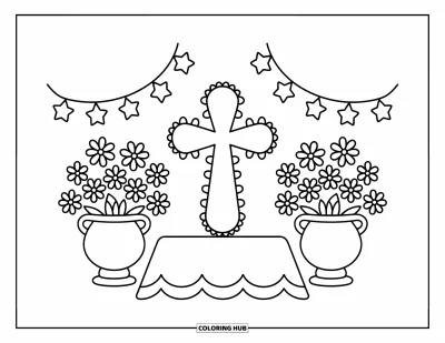 Dibujo de cruces para colorear para adultos: Un altar encantador con una cruz, floreros y luces colgantes en forma de estrella