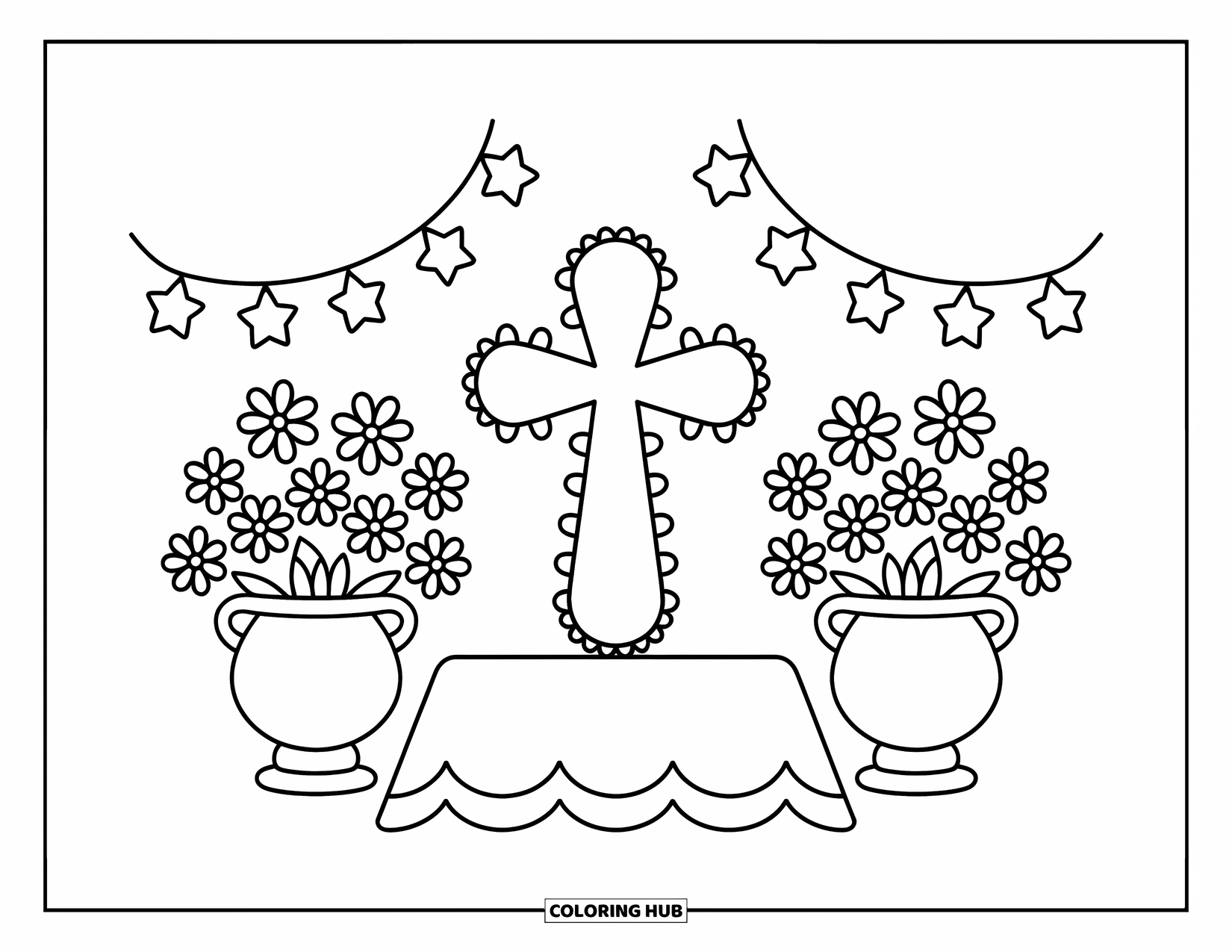 Cross Coloring Page for Adults: A cute altar setup with a cross, floral vases, and hanging star-shaped lights