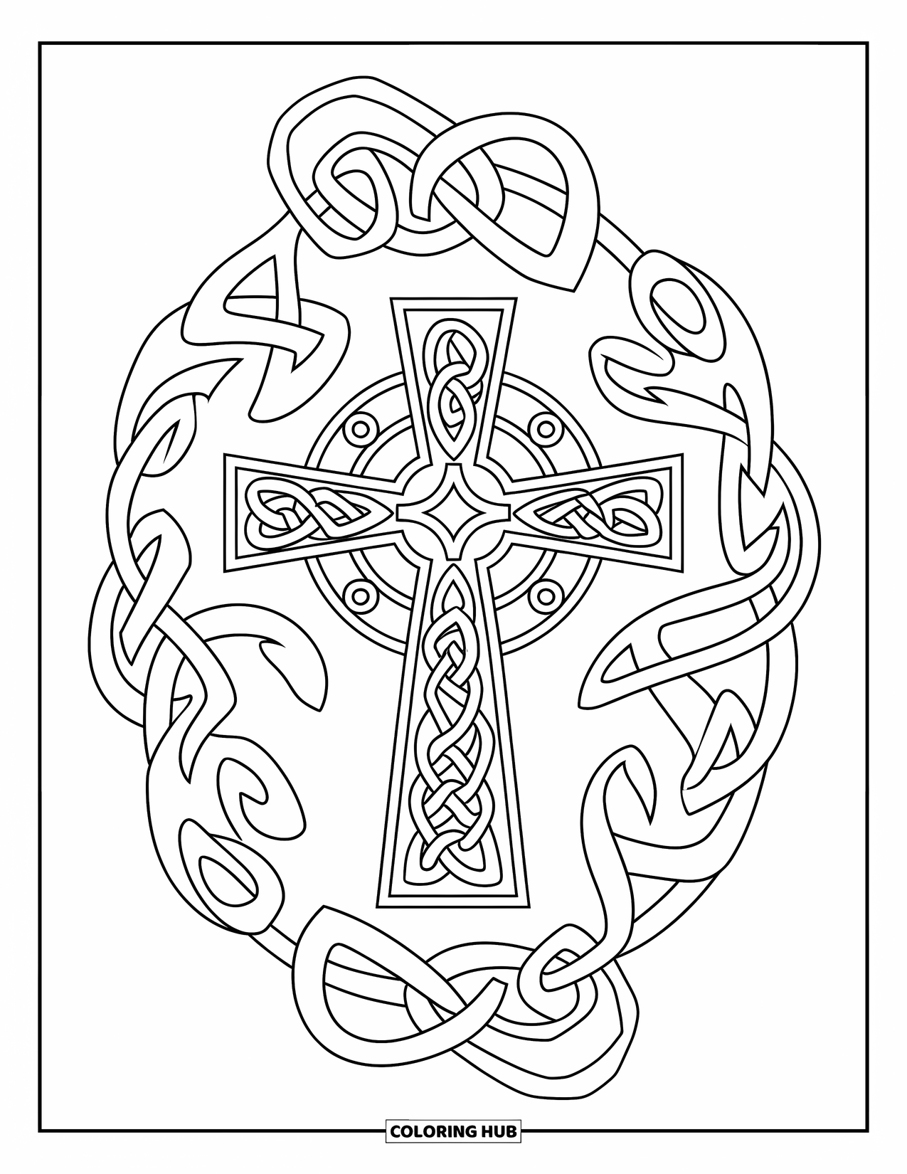 Cross Coloring Page for Adults: A decorative cross sits in the center of flowing Celtic knotwork