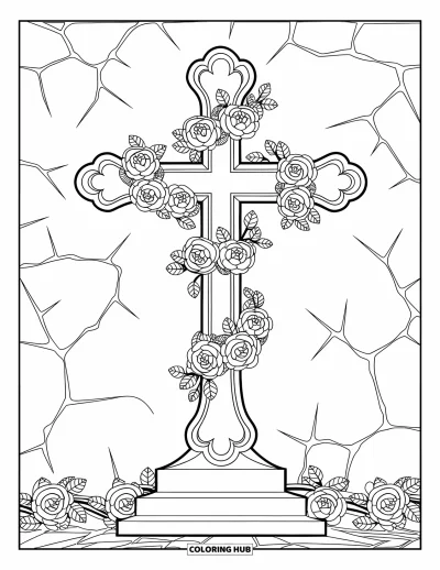 Dibujo de cruces para colorear para adultos: Una cruz barroca detallada sobre piedra envuelta en rosas en flor y enredaderas