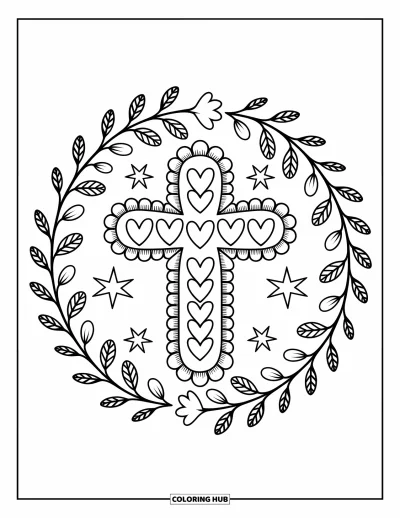 Dibujo de cruces para colorear para adultos: Una cruz floral con pétalos en forma de corazón dentro de un mandala de hojas y estrellas