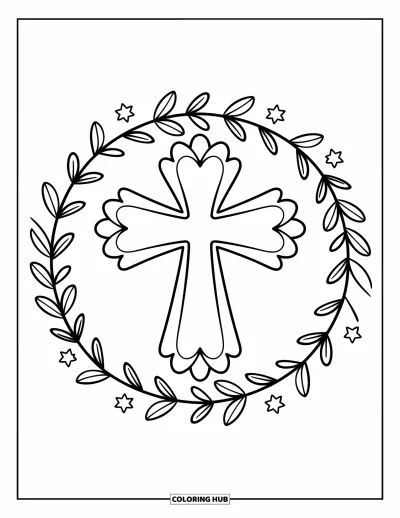 Dibujo de cruces para colorear para adultos: Una cruz floral con pétalos en forma de corazón dentro de un acogedor mandala de estrellas y hojas