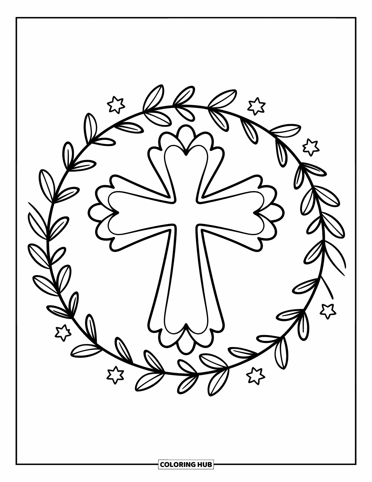 Cross Coloring Page for Adults: A floral cross with heart-shaped petals inside a cozy mandala of stars and leaves