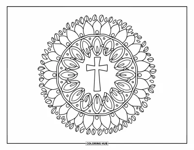 Dibujo de cruces para colorear para adultos: Un mandala floral con enredaderas en espiral rodea una cruz cristiana central