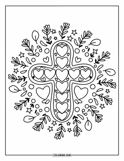 Dibujo de cruces para colorear para adultos: Una cruz llena de flores con pétalos en forma de corazón y un círculo de espirales y estrellas