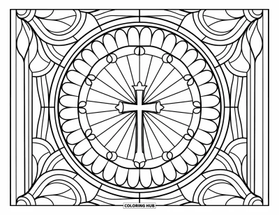 Dibujo de cruces para colorear para adultos: Una cruz luminosa en vitral con intrincadas formas florales y patrones artísticos
