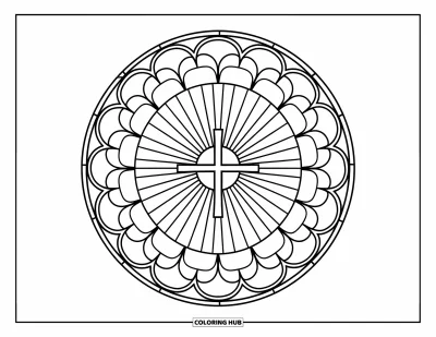 Dibujo de cruces para colorear para adultos: Una cruz resplandeciente en el centro de un diseño de vitral con forma de flor