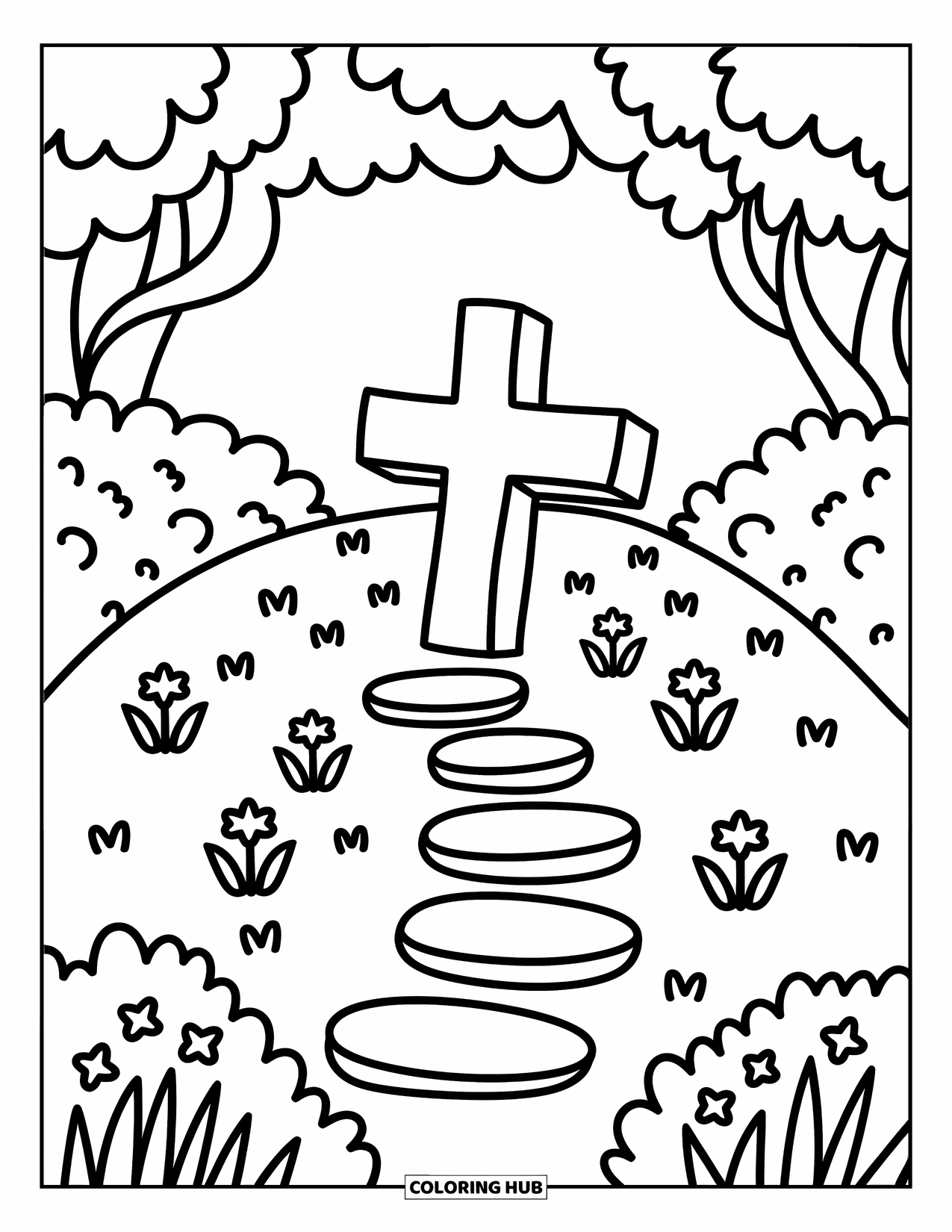 Cross Coloring Page for Adults: A hillside cross with flowers, stepping stones, and a cozy tree canopy