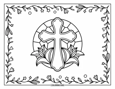 Dibujo de cruces para colorear para adultos: Una suave cruz de vitral con lirios y un borde de estrellas y ramas
