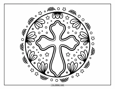 Dibujo de cruces para colorear para adultos: Una cruz de vitral enmarcada por lirios, estrellas, burbujas y pequeñas ramas