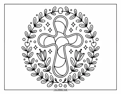 Dibujo de cruces para colorear para adultos: Una cruz de vitral rodeada de lirios flotantes, estrellas, burbujas y ramas suaves