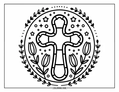 Dibujo de cruces para colorear para adultos: Una cruz de vitral con lirios y un borde fantástico de estrellas y burbujas