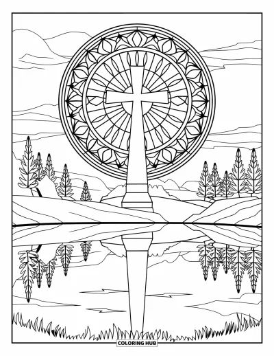 Dibujo de cruces para colorear para adultos: Una cruz de piedra en una colina se refleja sobre un lago en un paisaje sereno