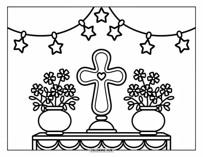Dibujo de cruces para colorear para adultos: Un altar encantador con una cruz, floreros y guirnaldas de luces arriba