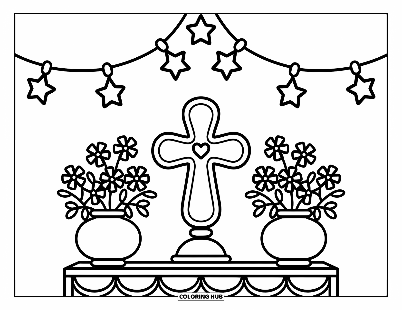 Cross Coloring Page for Adults: A sweet altar with a cross, vases of flowers, and string lights above