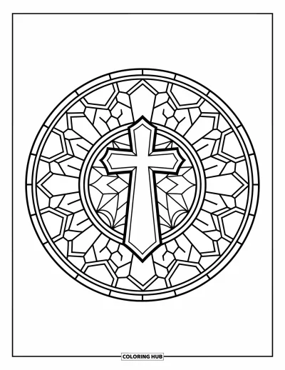 Dibujo de cruces para colorear para adultos: Una cruz de líneas gruesas en el centro de un patrón circular de vitral