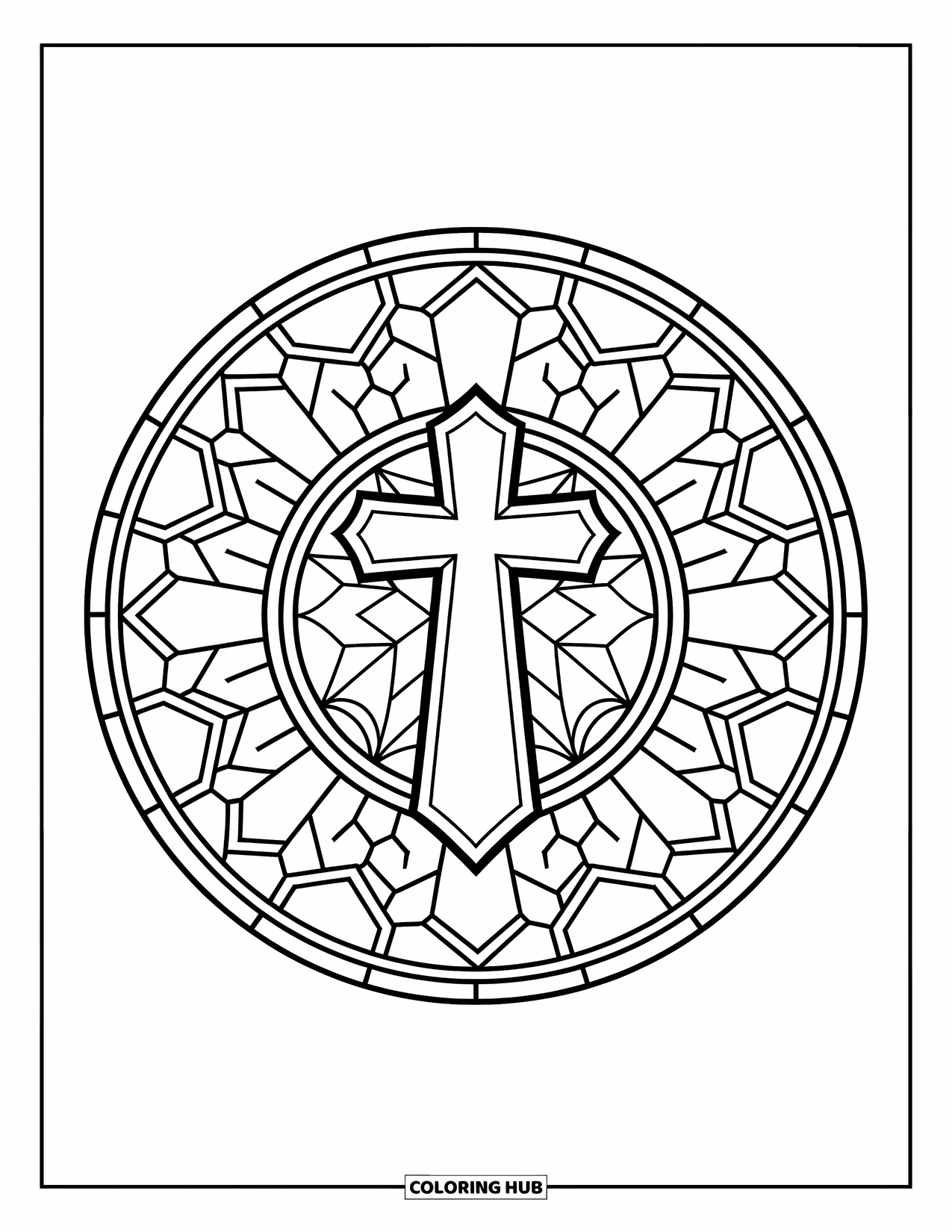 Cross Coloring Page for Adults: A thick-lined cross sits in the middle of a circular stained glass pattern