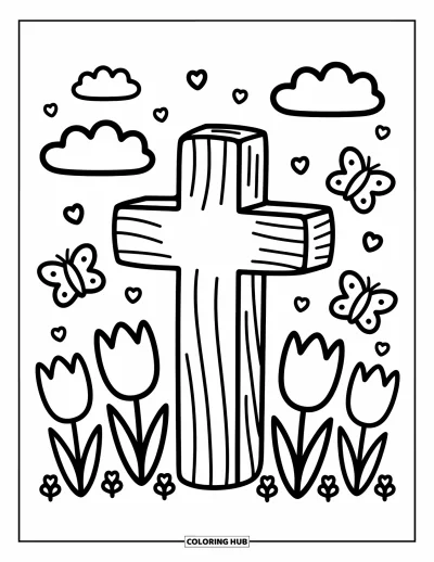 Dibujo de cruces para colorear para adultos: Una cruz de madera entre tulipanes, margaritas, mariposas y nubes flotantes